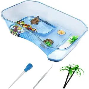Plastic Turtle Tank Reptile Habitat Pet Terrariums Turtles Tank Aquarium Terrapin Topper Basking with Platform Plants,Durable,Safe, Non-Toxic(Blue)