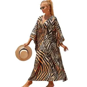 Women's Plus Size Bohemian Zebra Print Caftan Dress - Breathable Viscose Casual Fabric, V-Neck Lightweight Loungewear & Beach Swimsuit Cover Up
