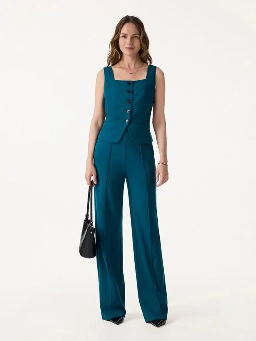 2Pcs Set Square Neck Waistcoat with Pockets & Wide Leg Ankled Pant