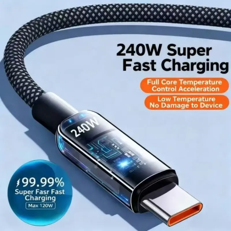 240w Ultra-Fast Type-C Data Cable, LED Indicator, Transparent with Lighting, 39.37 Inch, Compatible with Huawei, Xiaomi, Apple, Fast Charging