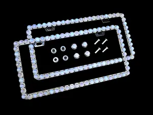 Dazzling Addiction 2 3D Bling License Plate Frames Big Chunky White AB Pearls Made in USA Handmade 1 Row Holder Screw Caps Personalizable Customizable Customized Bedazzled Sparkly Shimmering Gift for Girls Women 2 Holes Crystals Diamond Iridescent