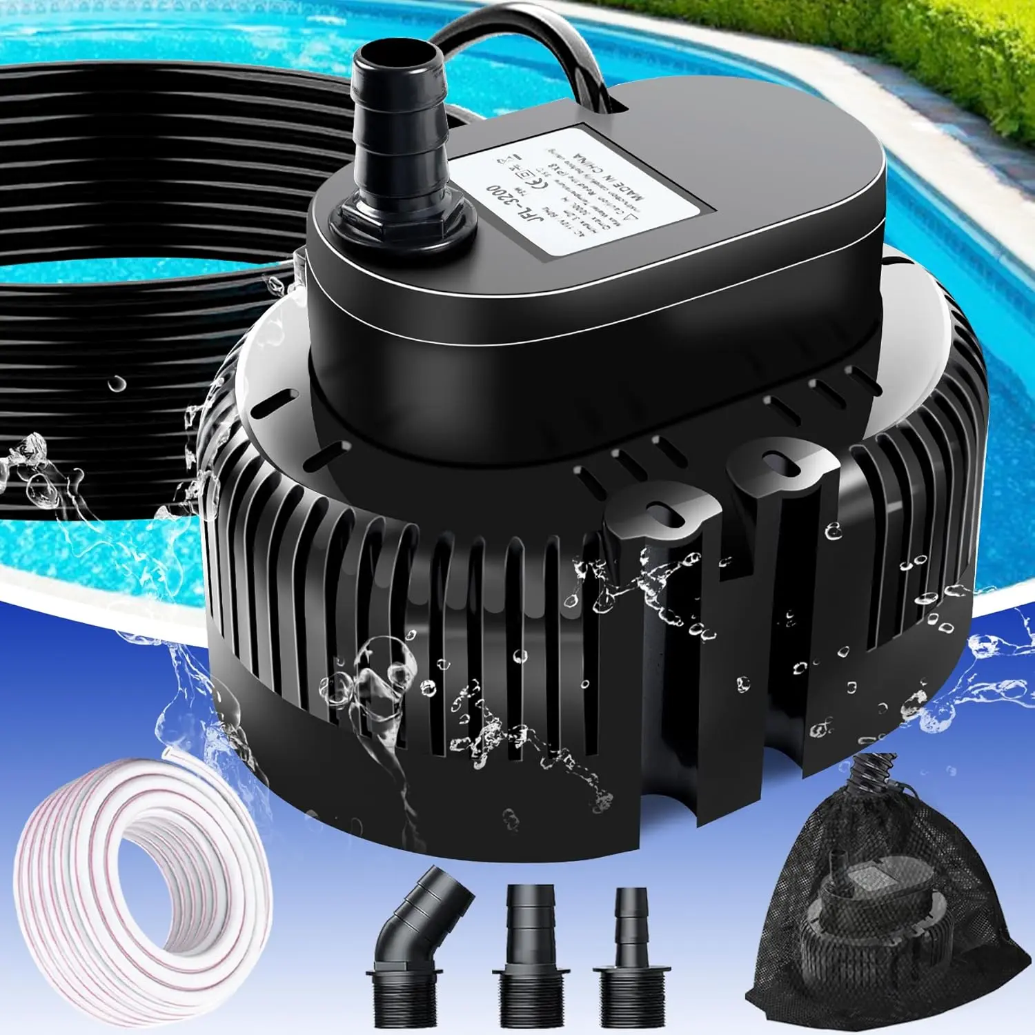 Pool Cover Pump above Ground-Submersible Sump Pump Swimming Water Removal Pumps, Sump Pump for Pool Draining with 16ft Drainage Hose & 25 ft Extra Long Power Cord,850 GPH,3 Adapters-Black