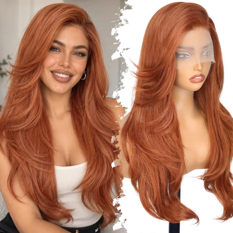 13x4 HD Lace Front Glueless Wigs for Women Ginger Long Layered Wave Wig Natural Hairline Heat Resistant Synthetic for Daily Use Beginner Friendly 26 Inch