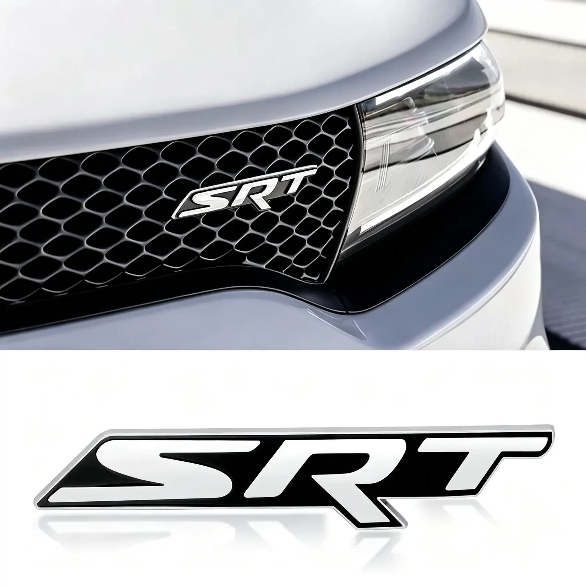 5.94 Inch 3D Metal SRT Grille Badge Emblem - SRT Letter Car Sticker for Dodge Challenger Charger Hellcat, Front Grill Screw-on & Self-adhesive Fender Side Decal