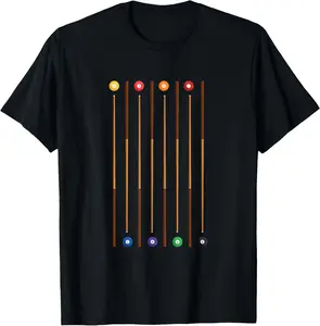 Menswear 100% Cotton Natural Short-Sleeve Unisex Streetwear T-Shirt, Featuring Billiard Cue Stick and 8 Pool Balls Design
