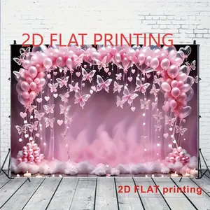 1pc 2D Flat 2Dflat printing Photography Backdrop Pink Butterfly Balloon Birthday Party Backdrop Heart String Lights Clouds Pink Photography Props Cake Crush Shower Party Supplies Polyester Banners White