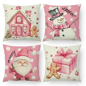 4Pcs, Pink Cartoon Gnome, Snowman, House, Gift Box, Gingerbread Man Pinted Pillow Covers 45x45cm - Single-sided Print - Home Decor Accessory, Perfect For Holiday Party Favors/Living room/Bedroom/sofa/Bed Decoration - Pillow Core Not Included