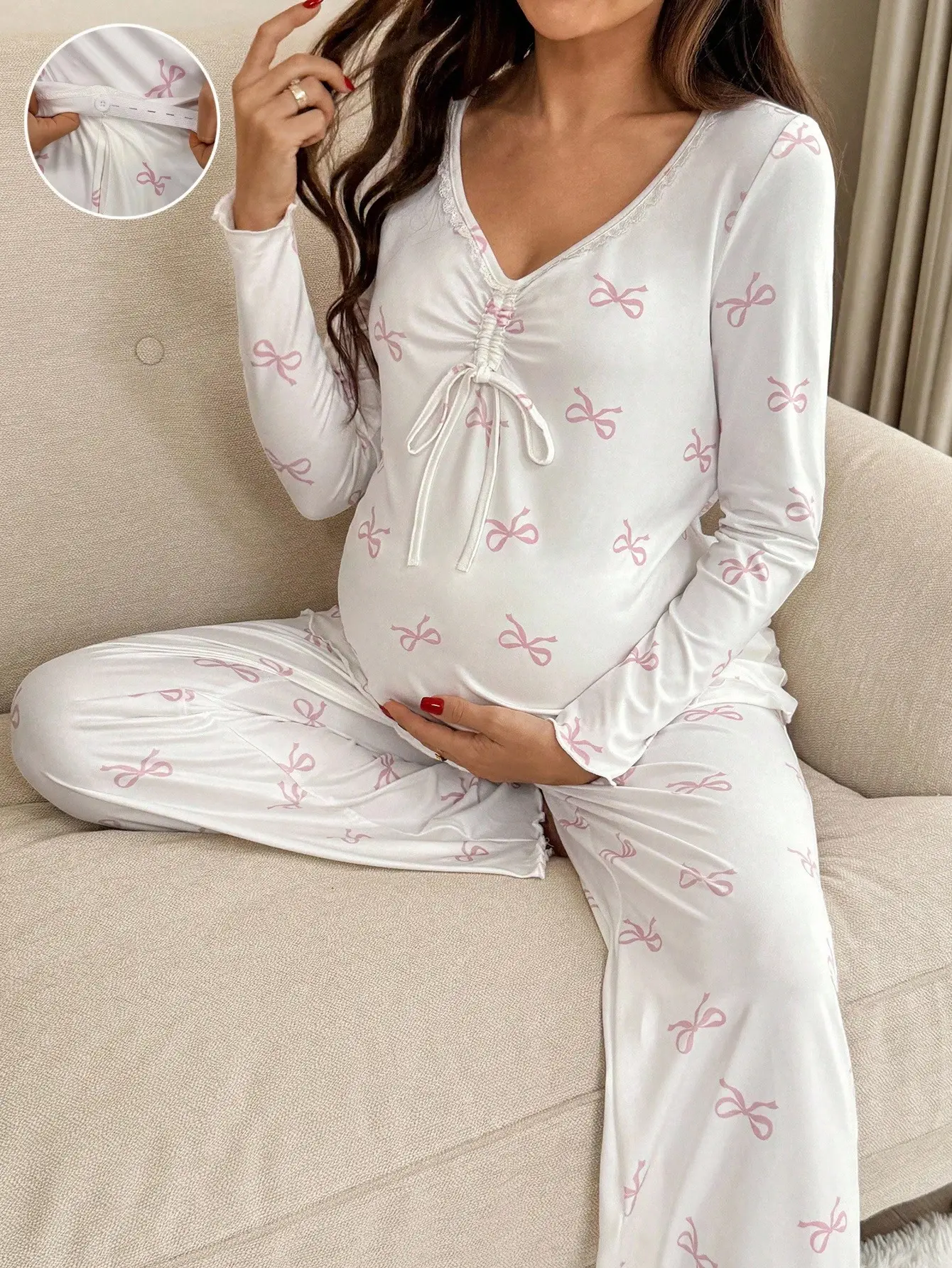 LALUZ Maternity 2 Piece Comfortable Bow Print V-Neck Top & Pants Set Sleepwear Pajama Set Loungewear Nursing Postpartum Soft Stretchy
