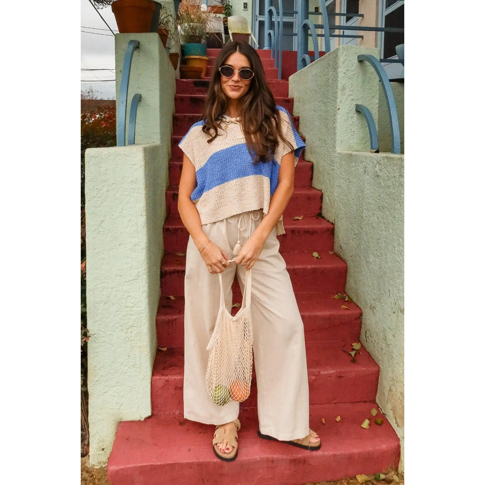 Leah Blue & Natural Striped Sleeveless Sweater