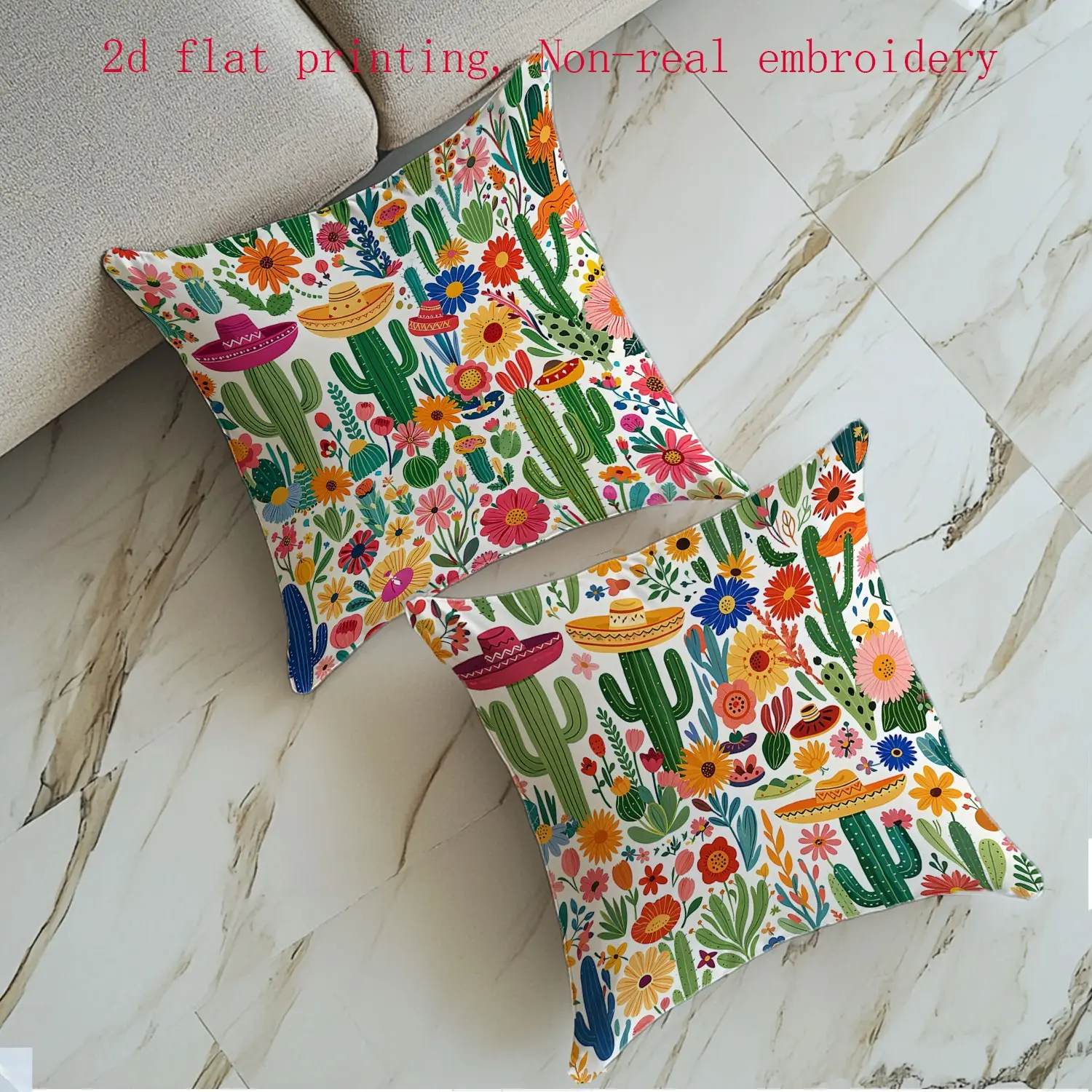 Mexican Theme Pillow Covers Set, Cactus Flower Hat Design, 2pcs Flat Printing Decorative Cushion Cases for Living Room Sofa Bed, Versatile Use Vibrant Patterns Set of Two (no Pillows)