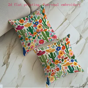 Mexican Theme Pillow Covers Set, Cactus Flower Hat Design, 2pcs Flat Printing Decorative Cushion Cases for Living Room Sofa Bed (no Pillows)