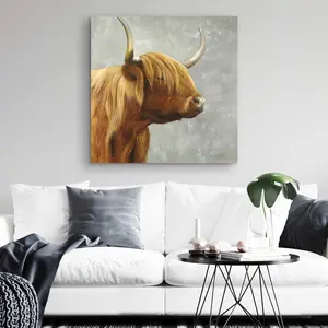 212 MAIN Highland Cattle Artistic Landscape Artwork - 32x32 in Gray Print, Rustic Charm Funky Western Wall Decoration, Living Room Home Decor Poster & Print