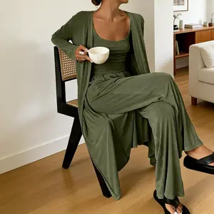 Women's 3-Piece Olive Green Simple Strap Top Cardigan & Pants Set Loose Fit Knit Fabric All-Season Comfort for Work & Casual Wear