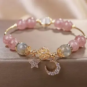 Fashionable Strawberry Crystal Beaded Bracelet – Friendship Bracelet for Girls with Star and Moon Pendants
