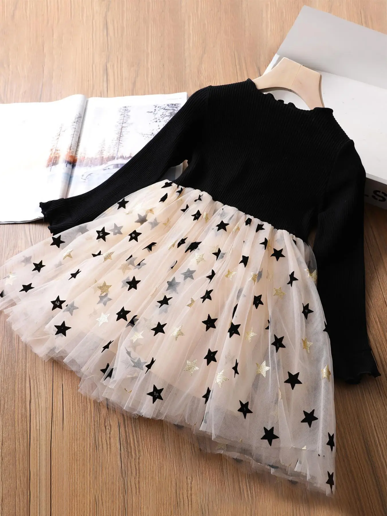 Girl's Patchwork Star Print Lettuce Trim Tulle Dress, Cute Flounce Sleeve Round Neck A Line Dress for Party Holiday, Kids Fall & Winter Clothes