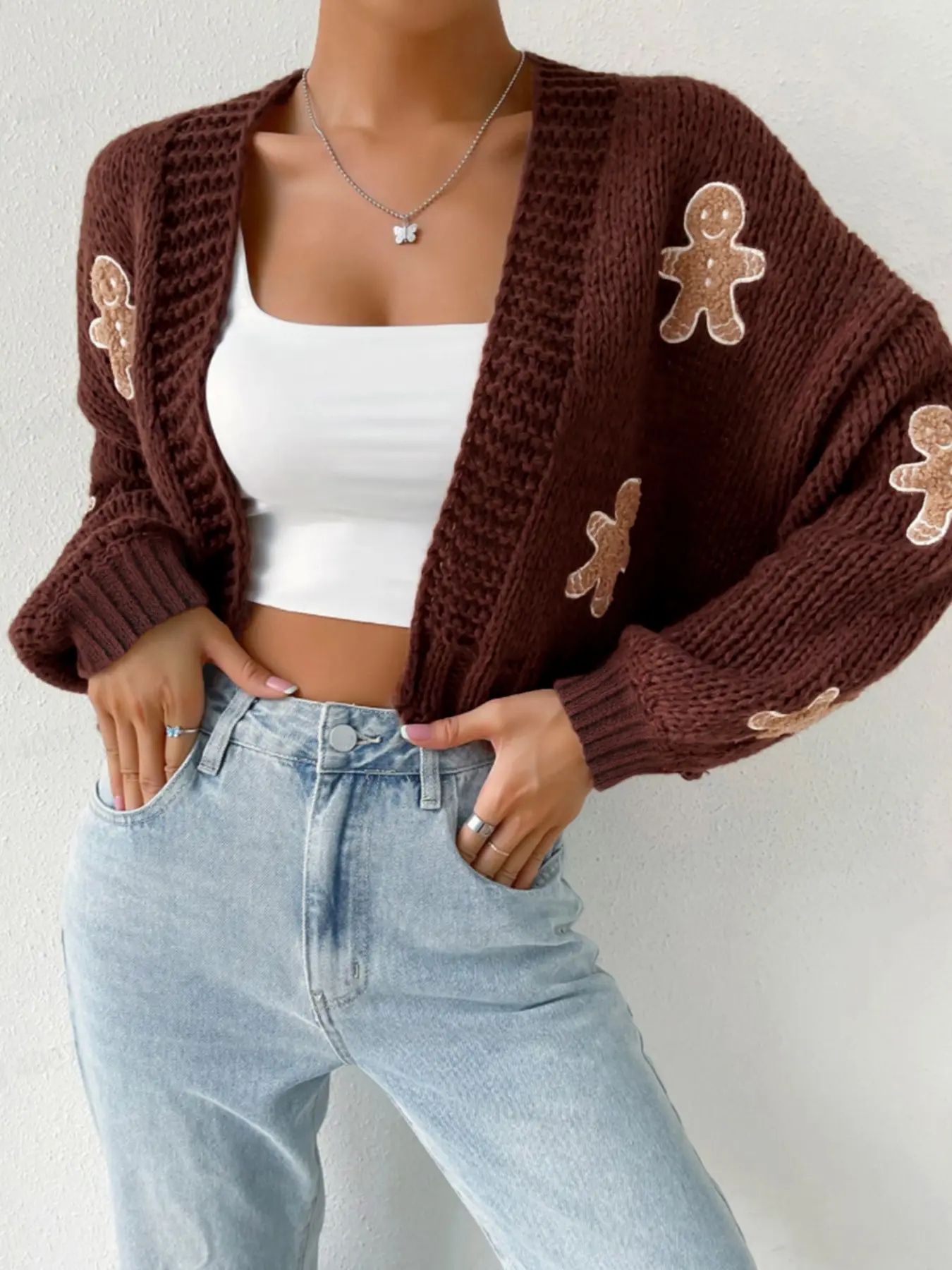 Women's Cookie Pattern Short Knitted Cardigan for Spring and Fall - High Neck Long Sleeve Embroidered Pullover Sweater with Jacquard Design