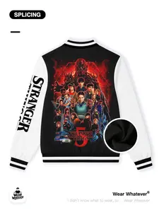 Stranger Things Last Adventure Print Baseball Jacket, Casual Warm Breathable Top, Suitable for Outdoor and Home Wear, Fitted Graphic Shirt