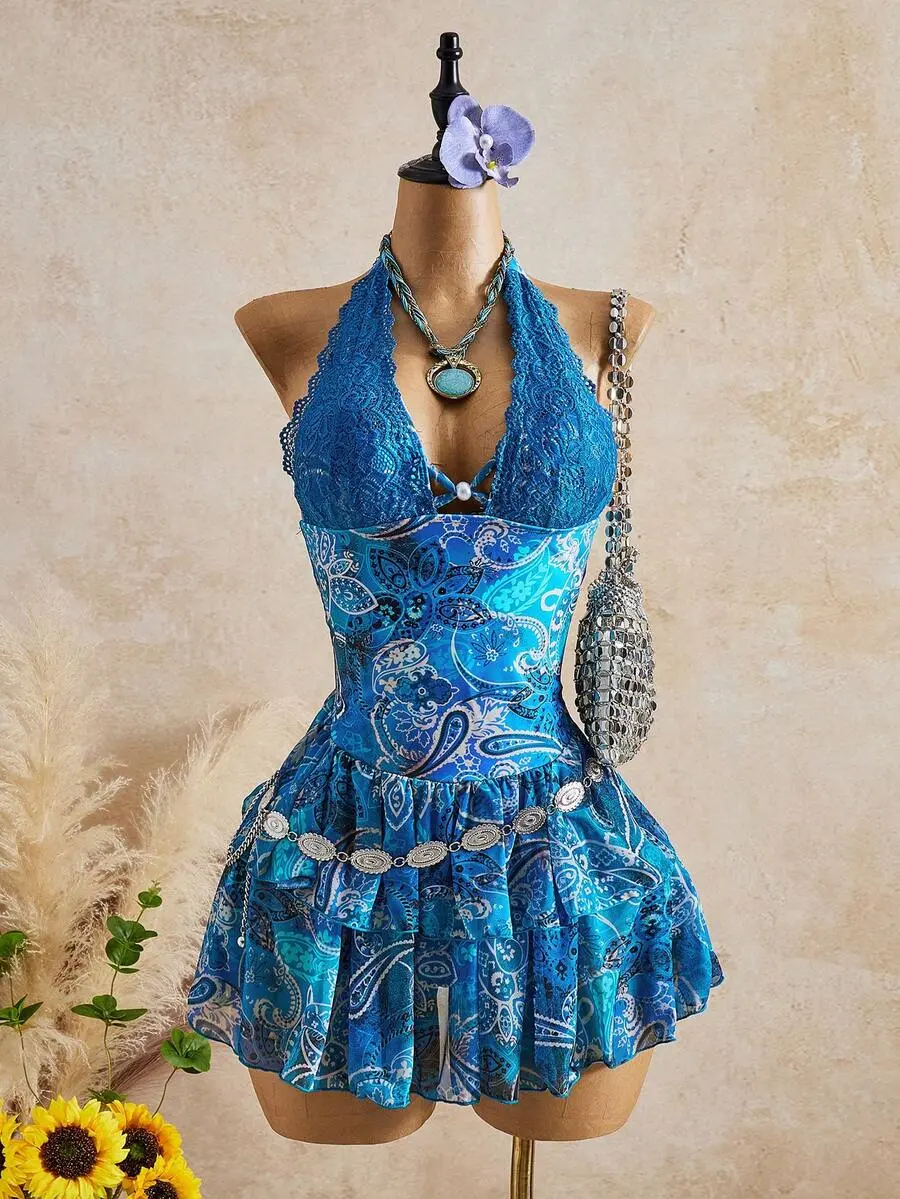 DAMIKA Boho Style Cashew Flower Paisley Print Lace Y2K Cute Sweet Beach Pool Party Beach Party Holiday Swimsuit Skirt For Women Navy Blue Floral Summer
