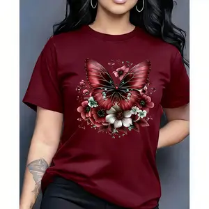 and Flower Pattern Printed T-shirt, Short Sleeve Round Neck Casual Top Summer Spring, Wo Birthday Holiday