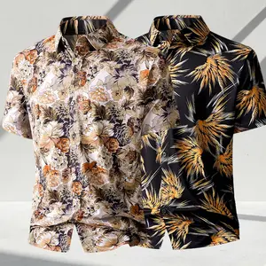Men’s two-piece set: lightweight short-sleeve Hawaiian-style floral shirt for summer; youthful, trendy vacation vibe; casual loose-fit shirt jacket for couples; suitable for seaside beach vacations, party wear, and home leisure.