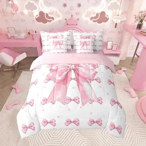 Big Bow Comforter Set with Sheets Cute Bowknot Bed in a Bag Princess Ribbon Decor 7 Pieces Bedding Set Kawaii Print Light Pink Bed Set