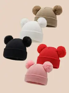 Baby Winter Warm Knit Beanie with Fuzzy Ball, Unisex Toddler Hat, Hand Wash, Elastic Fit for 0-3 Years, Fall & Winter Season, Knitting Beanie