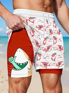 Cartoon Shark Print Quick-Dry Surf Shorts, Fake Two-Piece Design, Slim-Fitting, Casual Style, All over Print, Plain Surface, 88.2 G/m²