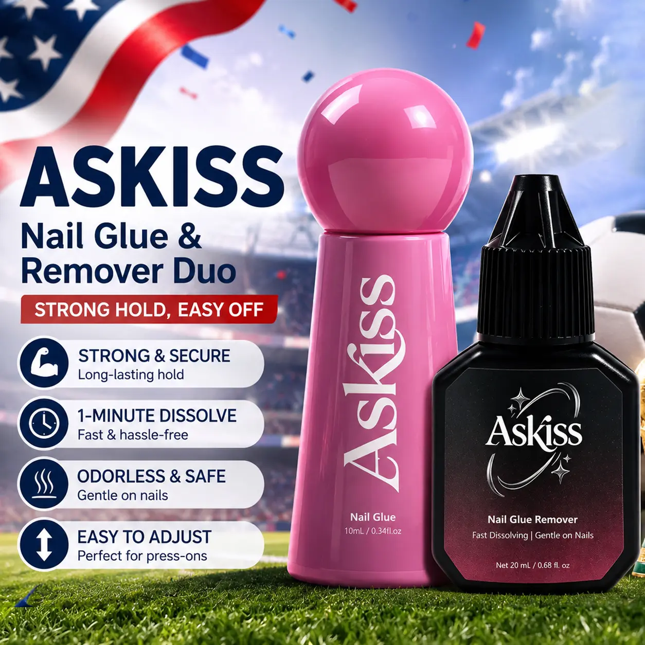 ASKISS Nail Glue 10ml Quick-Drying Brush-on Press Nail Glue with 20ml Remover – Long-Lasting Adhesive Gel for Press-On Nails, Acrylic Tips, and Salon-Quality Nail Kits – Easy Application, No UV Lamp Needed for Home or Salon Use-Askiss