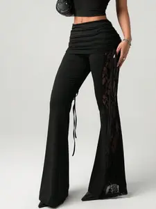 Women's Lace Side Beach Vacation Sexy Waist Drawstring Pleated Bell Bottom Pants, Stylish and Comfortable Fashion Wear