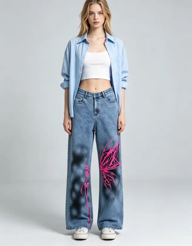 Hot Pink Spider Web Butterfly Skeleton Flare Jeans, DGT Direct To Garment Print, Unisex Dark Kawaii Y2K Denim Pants
