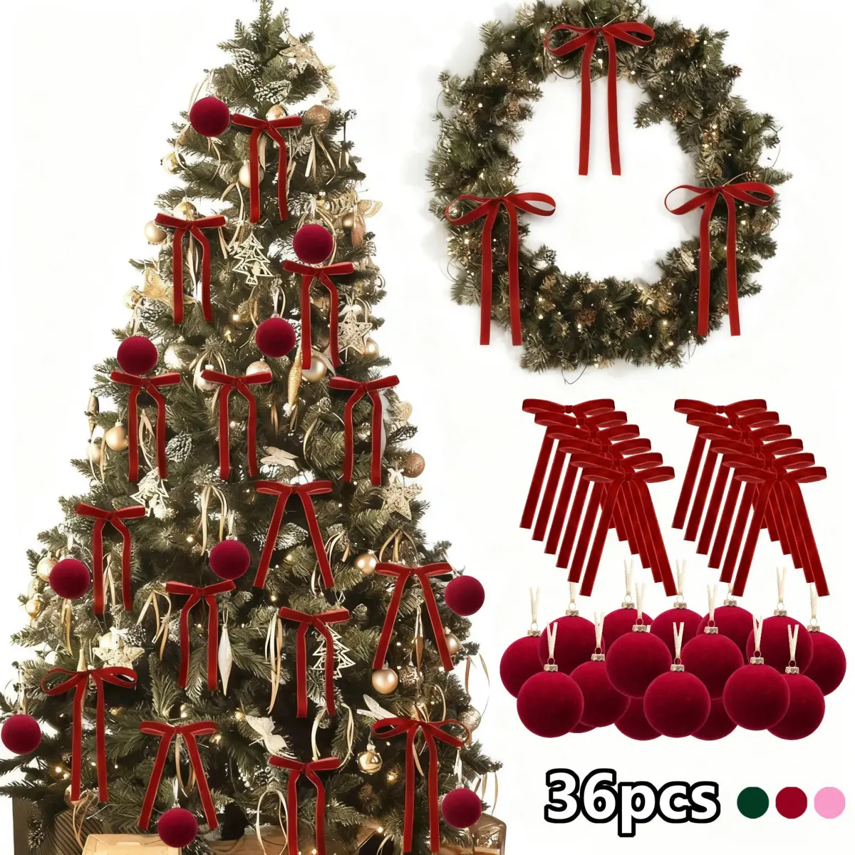 36 Pcs Velvet Christmas Tree Bows Door Garland Decor Vintage Wreath Bow For Family, Wedding, Birthday Party, Indoor Outdoor Thanksgiving Christmas Decoration(Red, Green, Pink , 5 * 7 Inch)
