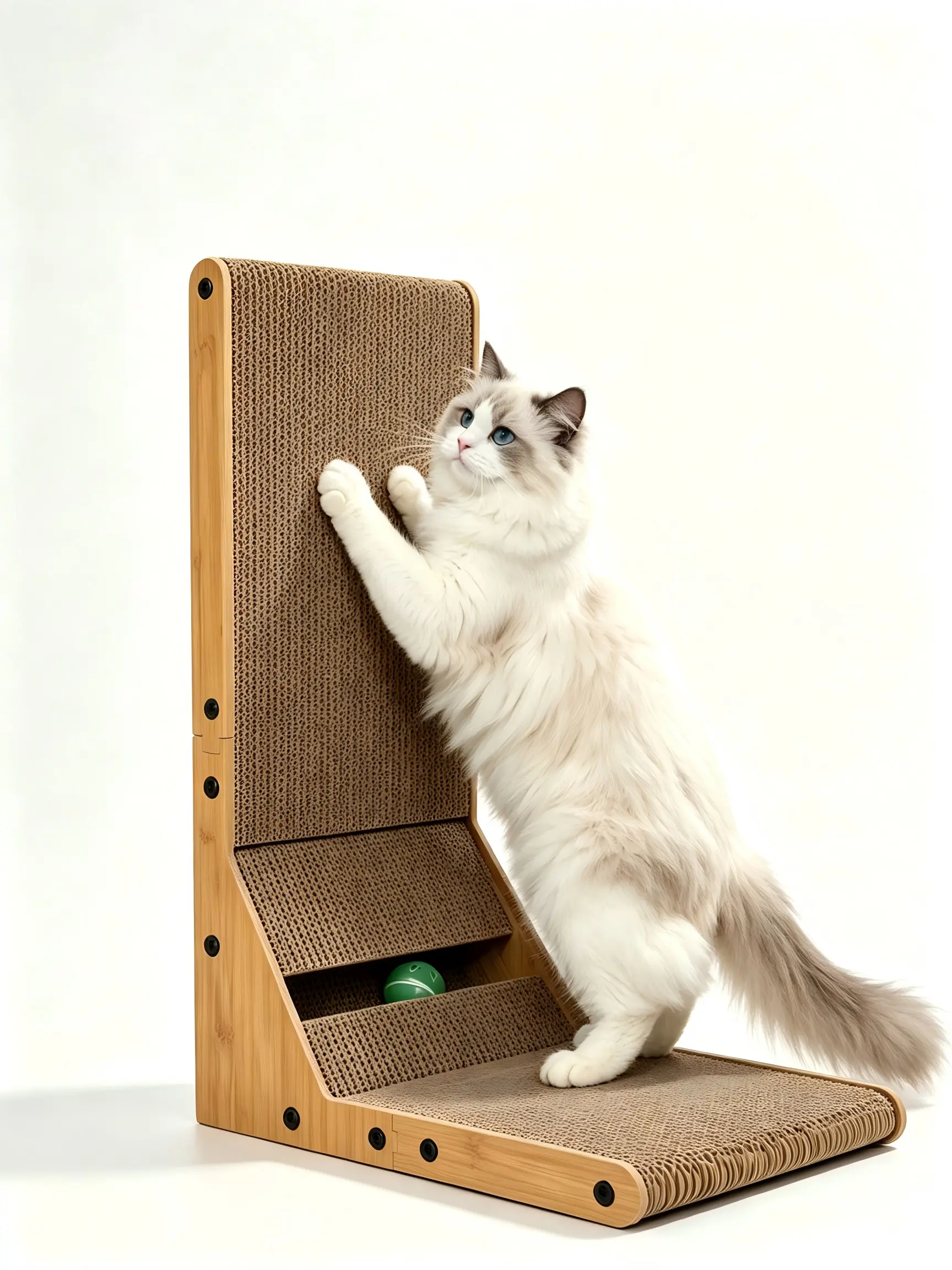 23.6 Inch L-Shape Corrugated Cardboard Cat Scratcher, Double-Sided Use, 3-in-1 Vertical Scratching Pad, Extra Thick, 3.1 Lbs With Bell Ball Toy For Indoor Large Cats, Natural Brown