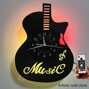 Guitar Shaped LED Vinyl Wall Clock, Music Theme Mechanical Movement, Perfect for Living Room, Bedroom, Office, Unique Gift for Musicians