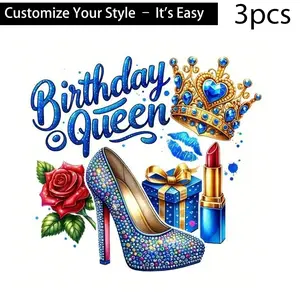 3pcs Birthday Queen DIY Heat Transfer Stickers, High-Quality Anti-Fade Plastic Decals for T-Shirts, Pillows, Backpacks - Multi-Color, Washable Decorative Stickers for Gifts & Home Décor