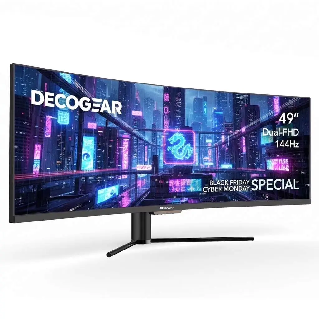 Deco Gear Curved 49” Super Ultrawide Gaming Monitor, 32:9 WDFHD 3840×1080, 144Hz, 3ms, 3000:1 VA, HDR400, Adaptive Sync, USB-C 65W, HDMI/DP, PBP/PIP, KVM, 1800R