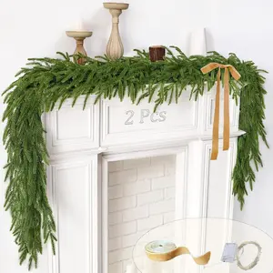 2 count Christmas Garland with Lights 6 Ft, Real  Norfolk Pine Garland for Mantle, Christmas Decorations Indoor Outdoor for Wall Fireplace, Faux Greenery Cedar Garland Realistic for Table Decor