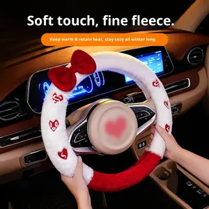 Winter New Cute Plush Fine Fleece Bow Steering Wheel Cover, Short Plush Soft Touch Warm Car Interior Handle Grip, Instant Sweet Girl Feel Driving Accessory