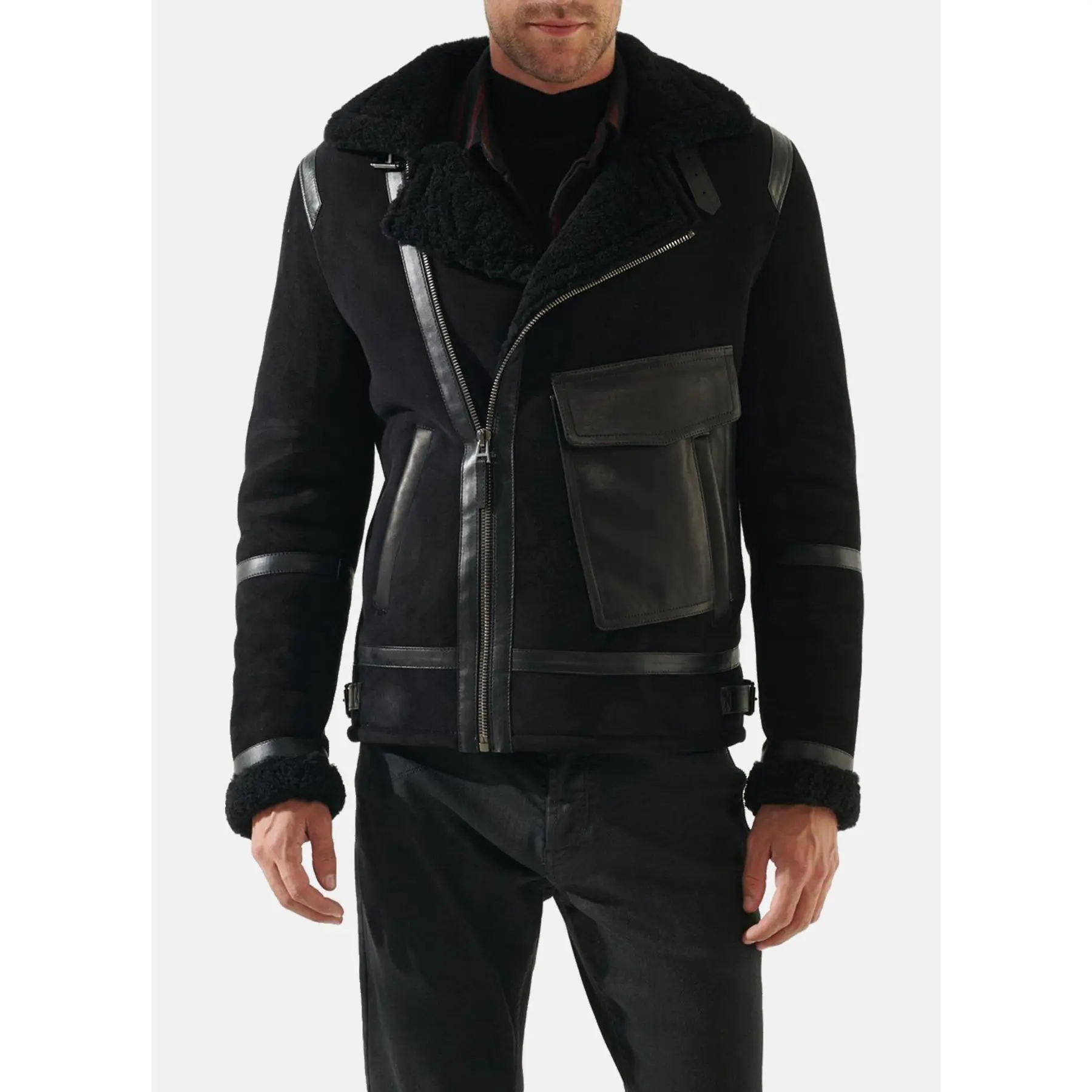 Mens Deep Black Shearling Leather Jacket