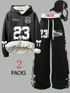 Women's Casual Loose-Fitting Sweatsuit Set, Fleece-Lined Hoodie & Trendy Wide Leg Pants, Butterfly Pattern, Fall Winter