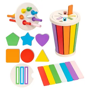 Wooden Color Classification Pen Holder Toy, 4 in 1 Wooden Stick Design Shape Recognition Matching Hand Eye Coordination Puzzle Toy Shape Sorter