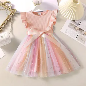 Baby 1st Birthday Dress for Girls Ruffless Sequin Toddler Girl Dress Rainbow Tulle Summer Dress for Kids Princess Easter Dress for Girls