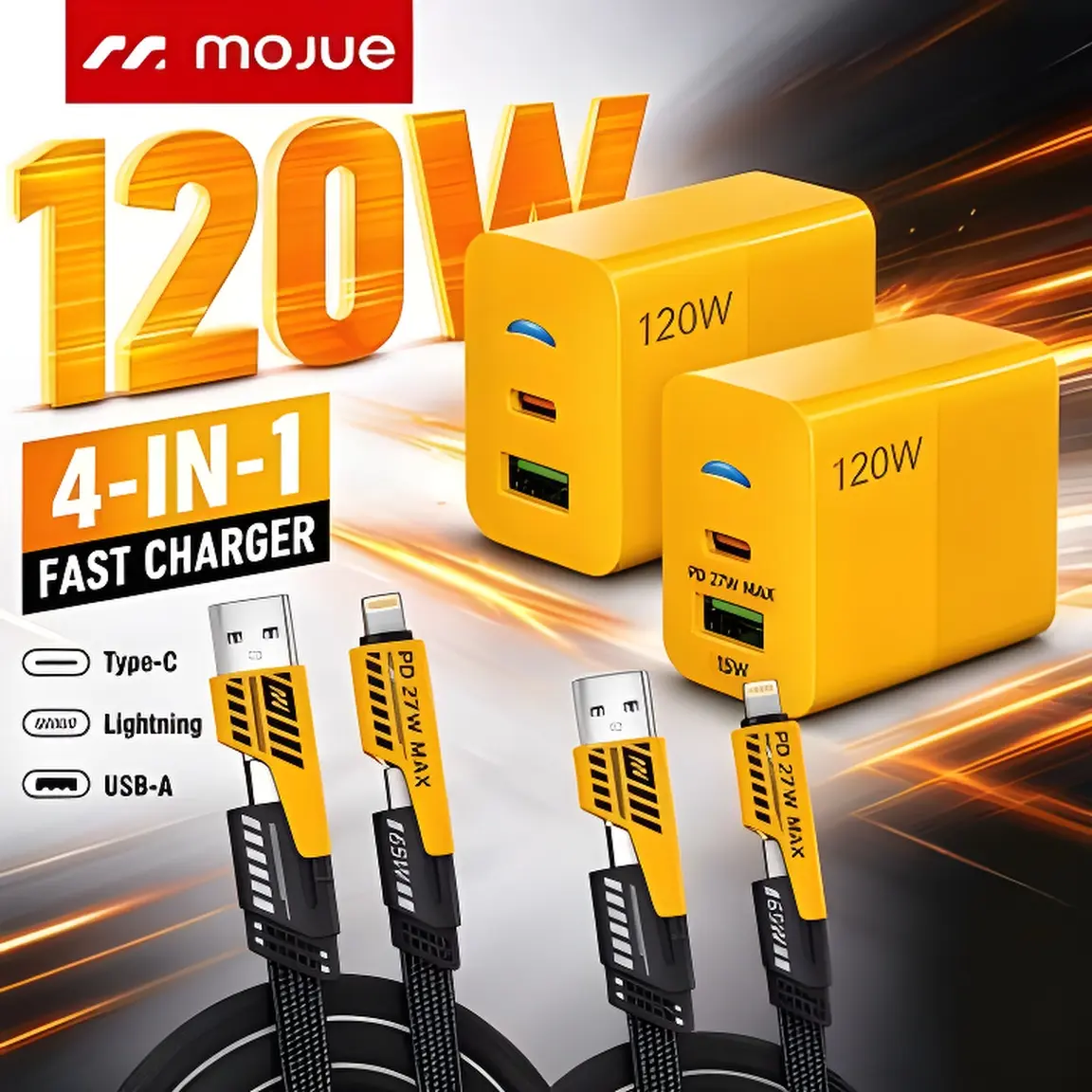 MOJUE Portable 120W Fast Charger, Dual-Port USB A & Type C Wall Charger Block, 4-in-1 Mechanical Braided Charging Cable, 5FT Multi-Function Cord for Travel, Office & Gaming, Compatible with iPhone 18-12 Pro Max, iPad, Airpods, Samsung