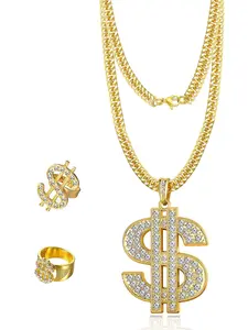 Hip Hop Dollar Sign Design Pendant Necklace & Ring, Fashion Jewelry for Party, Daily Clothing Decor, Trendy All-match & Exquisite Jewelry for Birthday Gift, Chain Set