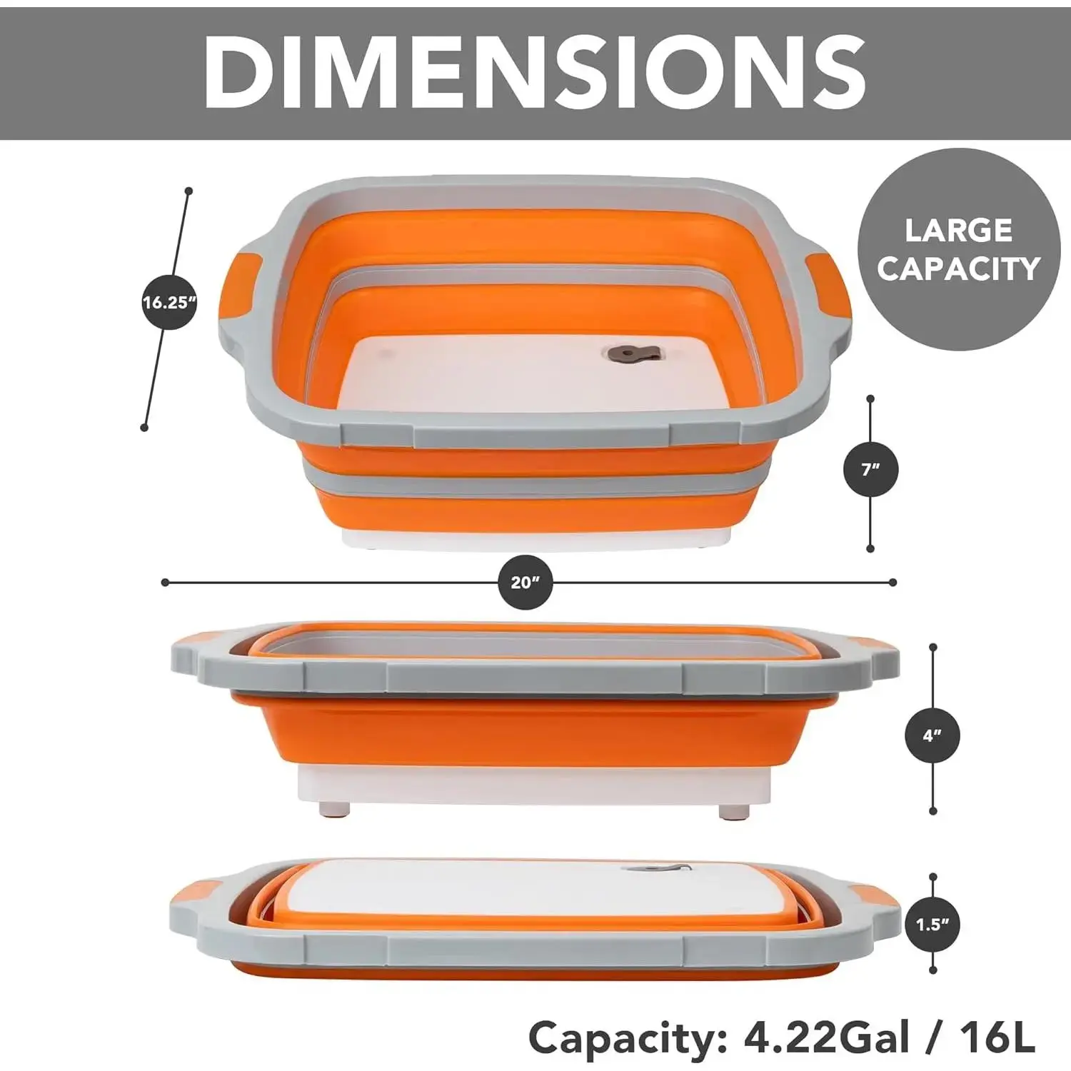 Thermoplastic Large Collapsible BBQ Prep Tub with Locking Lid, Basket, Cutting Board (4.22 Gal/16L) – Camping Sink, Colander for Meal Prep, Marinating