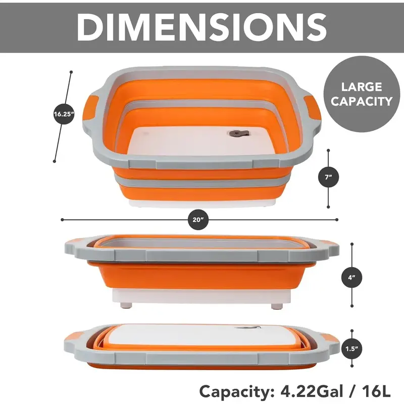 Foldable Meal Prep BBQ Tub (4.22 Gal/16L) - Thermoplastic Large Tub with Locking Lid, Basket, Cutting Board, Foldable Basin, Maintains Freshness, Easy to Clean, Dustproof, Leak-Proof Camping Sink & Colander, Lifetime Guarantee for Camping Enthusiasts