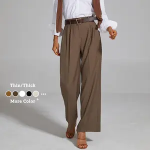High-waisted pleated work pants with side pockets, straight-leg business-casual trousers, elegant casual women’s pants GARMENTARY