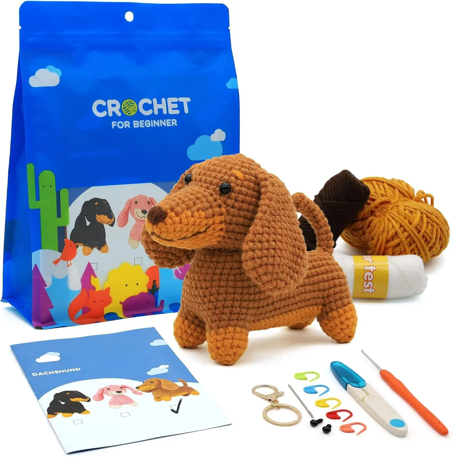 Nikolle Dachshund Crochet Kit for Beginners, Amigurumi Animal Craft Kit | with Step-by-Step Video Tutorials, Dog DIY Crochet Animal Kit Gift for Adults-Brown (40%+ Yarn) Gift