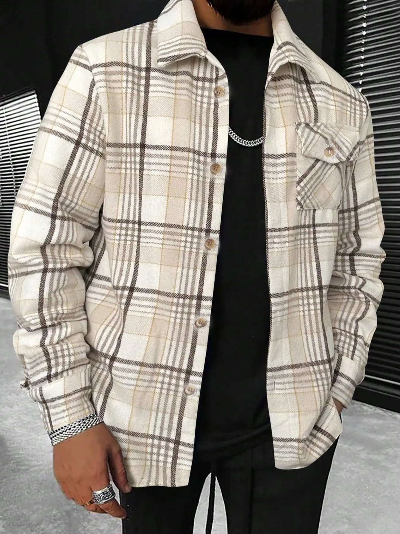 Men’s Vintage Plaid Flannel Shirt Jacket, Oversized Long Sleeve Button-Up Shacket with Chest Pocket, Streetwear, Menswear, Casual