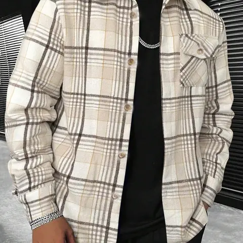 Men’s Vintage Checked Plaid Flannel Shacket - Classic Long-Sleeve Button-Up Stylish Male Clothing with Chest Pocket, Relaxed Oversized Fit, Casual Streetwear Holiday Menswear