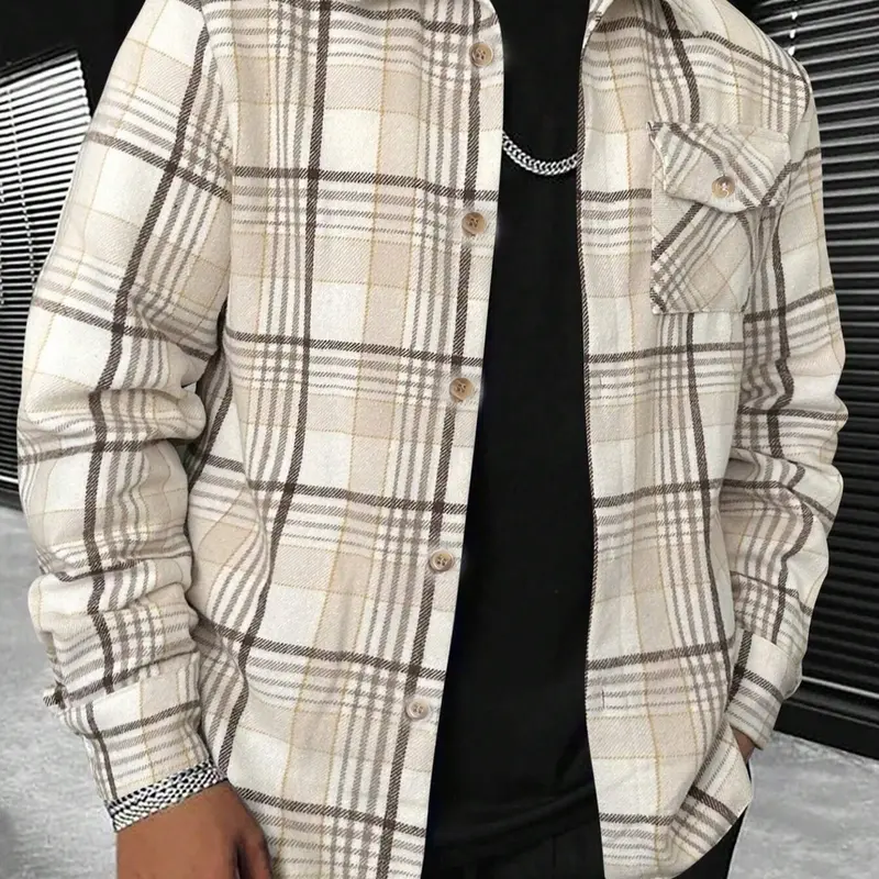 Men’s Vintage Checked Plaid Flannel Shacket - Classic Long-Sleeve Button-Up Stylish Male Clothing with Chest Pocket, Relaxed Oversized Fit, Casual Streetwear Holiday Menswear